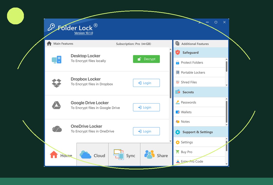 Supplied legacy Folder Lock main interface