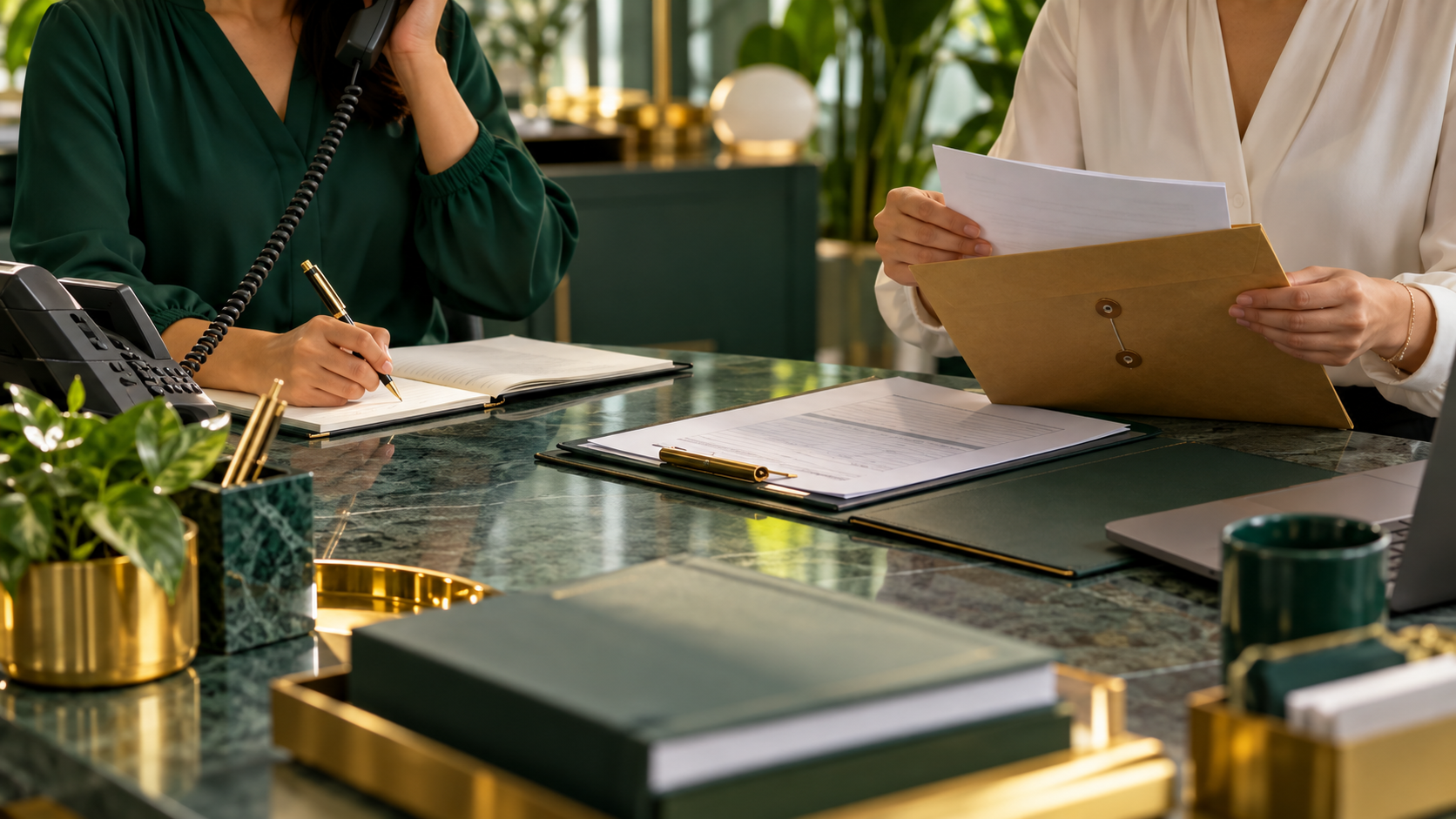 Two faceless accounts payable reviewers completing a controlled supplier bank-change handoff