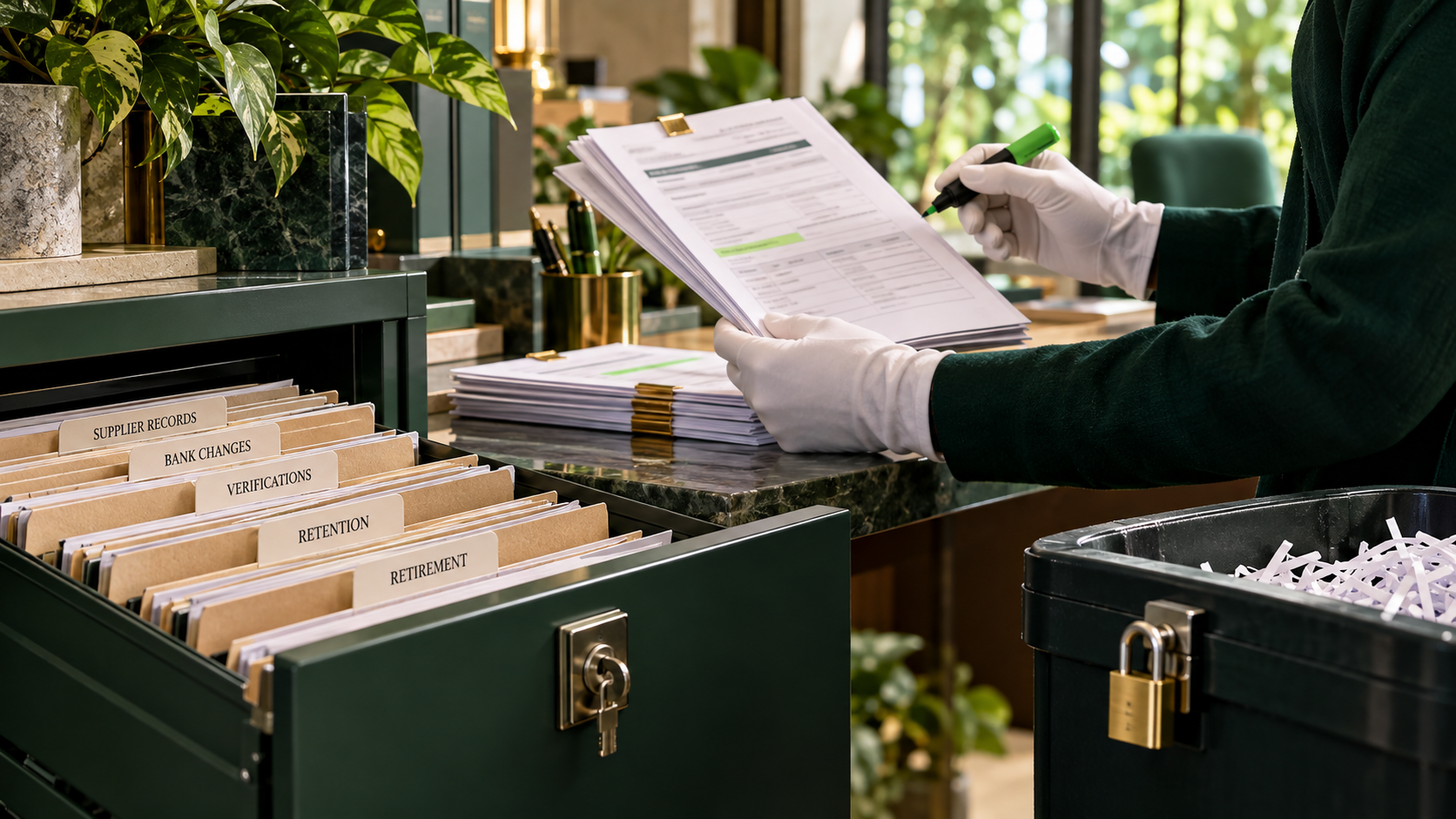Hands reviewing supplier bank-change retention verification cases and archive media