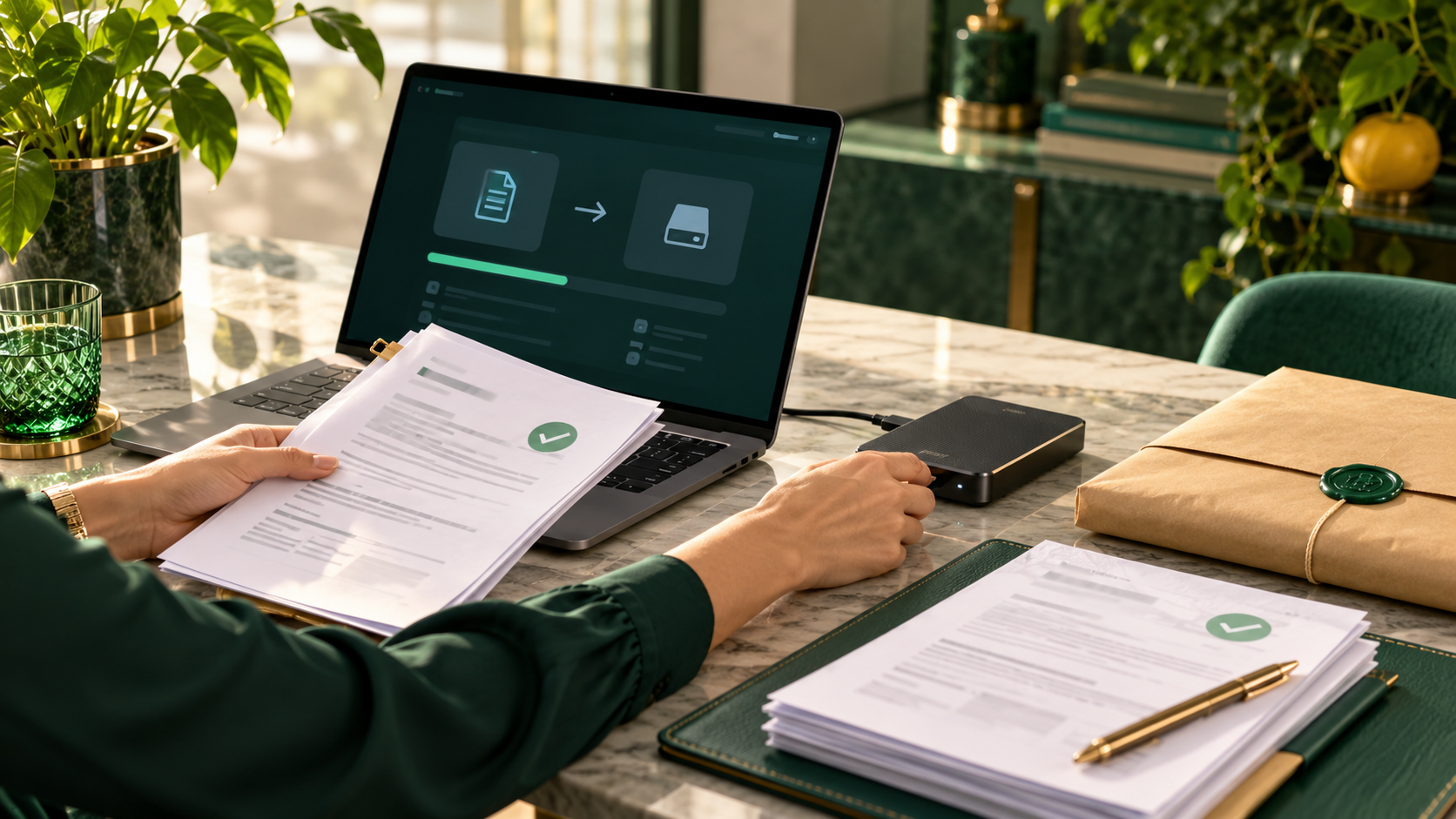 Hands placing supplier bank-change records into a separated working archive