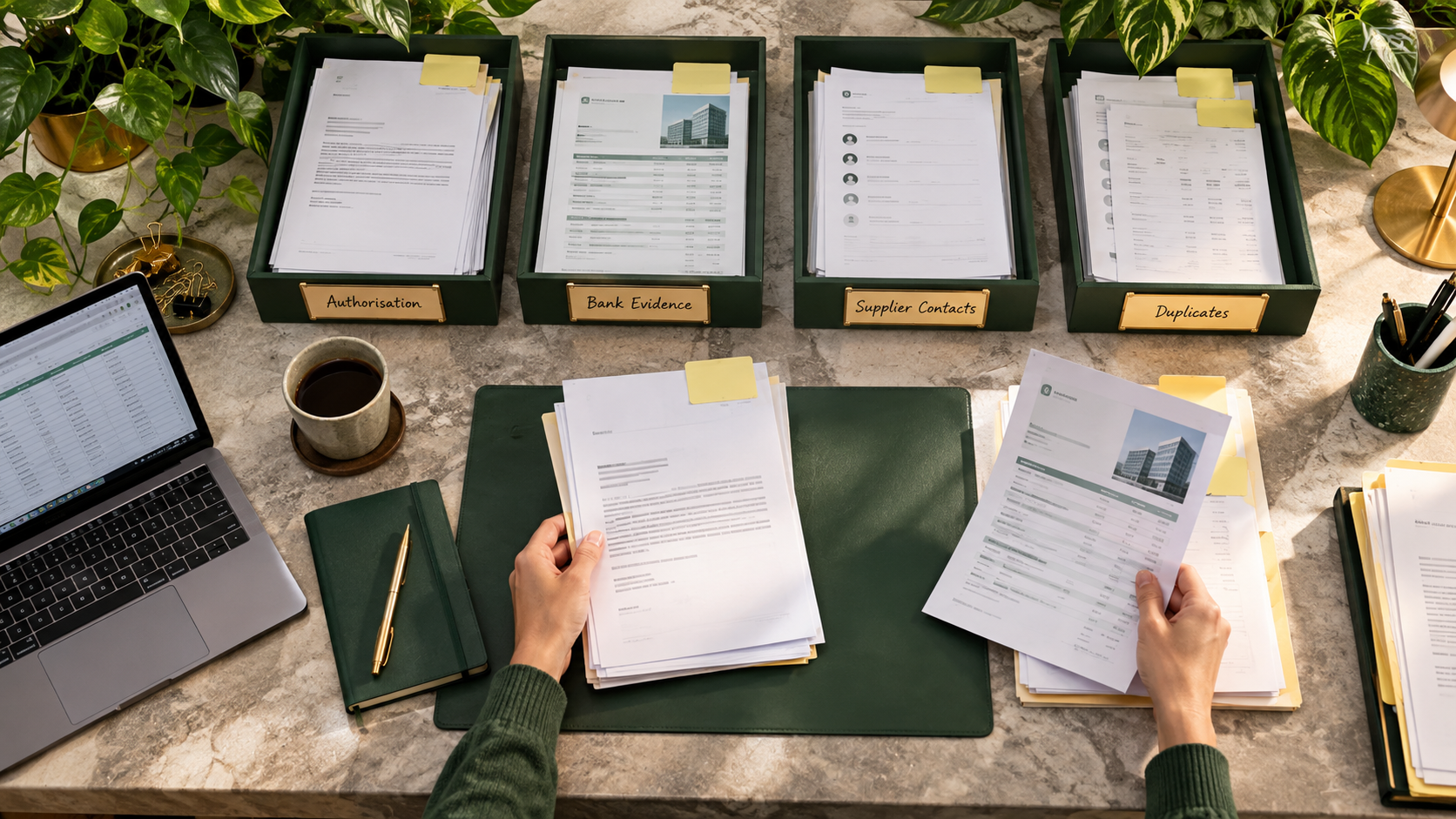 Hands sorting supplier verification documents into scope groups